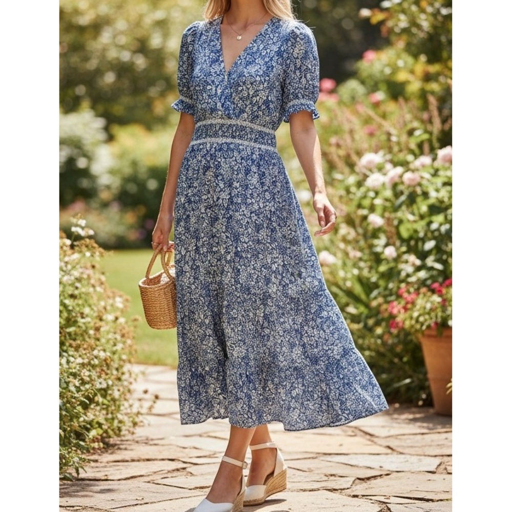 Another Love Blue White Floral Smocked Midi Dress V-Neck Pockets M Cottagecore